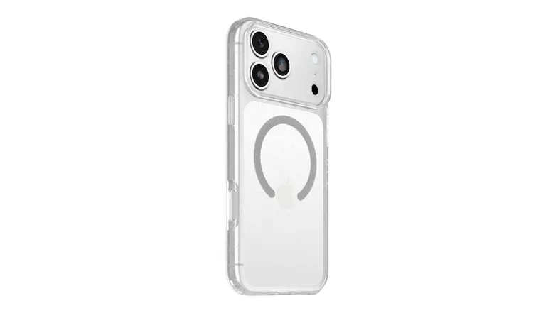 Angled rear view of OtterBox Lumen MagSafe Case featuring sleek profile and button accessibility in stardust finish Angled rear view of OtterBox Lumen MagSafe Case featuring sleek profile and button accessibility in stardust finish