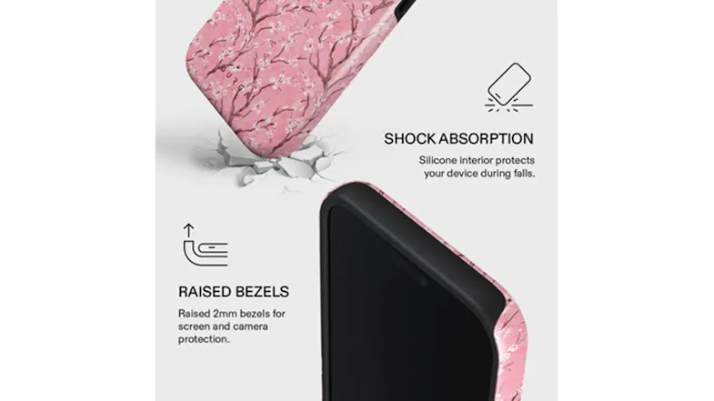 A close-up view of a phone case with shock-absorbing silicone interior, raised 2mm bezels, and durable drop protection A close-up view of a phone case with shock-absorbing silicone interior, raised 2mm bezels, and durable drop protection
