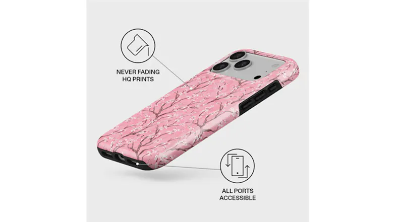 A floral phone case with raised screen bezel, angled close-up showing corner protection and shock-resistant design A floral phone case with raised screen bezel, angled close-up showing corner protection and shock-resistant design