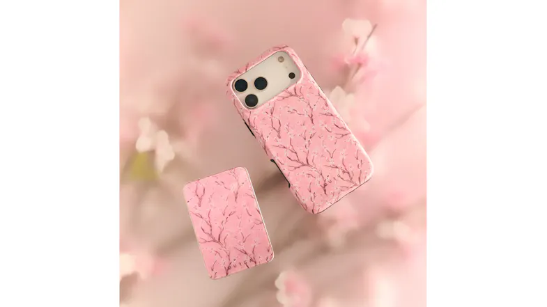 A pink cherry blossom phone case with matching magnetic wallet accessory, floating on a soft floral graphic in blush tones A pink cherry blossom phone case with matching magnetic wallet accessory, floating on a soft floral graphic in blush tones
