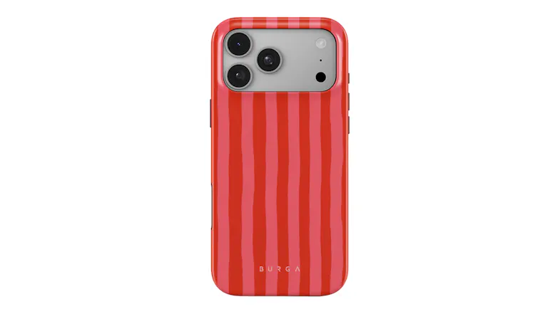 A red and pink striped phone case installed on a smartphone, rear view showing camera cutout and slim profile A red and pink striped phone case installed on a smartphone, rear view showing camera cutout and slim profile