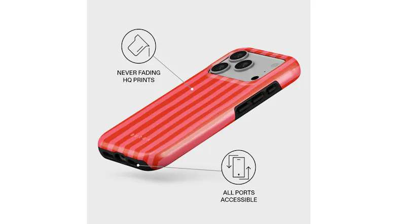 An angled view of a striped phone case with glossy finish, precise cutouts, and accessible ports An angled view of a striped phone case with glossy finish, precise cutouts, and accessible ports