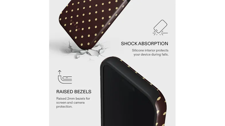 A close-up view of a phone case highlighting shock absorption, raised bezels, and cream dot pattern details A close-up view of a phone case highlighting shock absorption, raised bezels, and cream dot pattern details