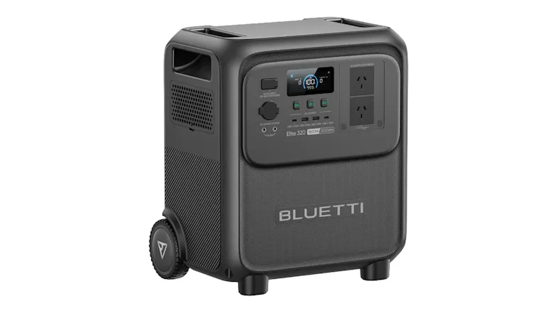Three-quarter front view of the Elite 320 portable power station, highlighting the digital display Three-quarter front view of the Elite 320 portable power station, highlighting the digital display