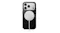 Rear angle of a leather iPhone case actively charging with a magnetic MagSafe puck Rear angle of a leather iPhone case actively charging with a magnetic MagSafe puck