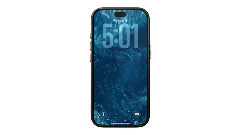 Front direct view of iPhone 18 Pro with blue wallpaper in a sleek black Nomad leather case Front direct view of iPhone 18 Pro with blue wallpaper in a sleek black Nomad leather case