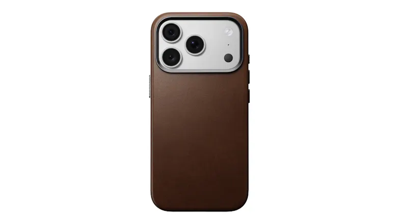 A rustic brown Nomad MagSafe leather case on iPhone 18 Pro showing camera bump cutout A rustic brown Nomad MagSafe leather case on iPhone 18 Pro showing camera bump cutout