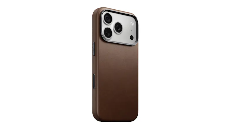 Rear angle view of Nomad leather iPhone 18 Pro case highlighting precise camera ring cutout Rear angle view of Nomad leather iPhone 18 Pro case highlighting precise camera ring cutout