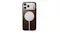 Rear angle of a leather iPhone case actively charging with a magnetic MagSafe puck Rear angle of a leather iPhone case actively charging with a magnetic MagSafe puck