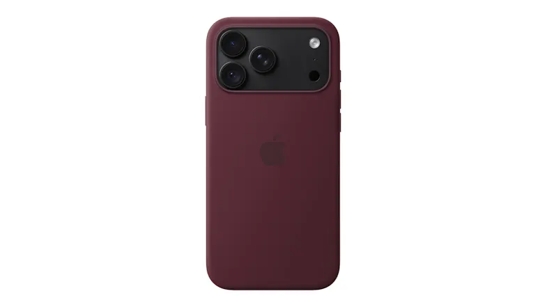 Rear view of a Burgundy Apple Silicone Case fitted on a smartphone with a black camera panel Rear view of a Burgundy Apple Silicone Case fitted on a smartphone with a black camera panel
