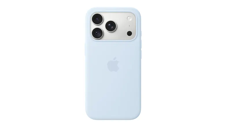 Rear view of a Crisp Blue Apple iPhone case with a protective camera cutout, fitted on a silver smartphone Rear view of a Crisp Blue Apple iPhone case with a protective camera cutout, fitted on a silver smartphone