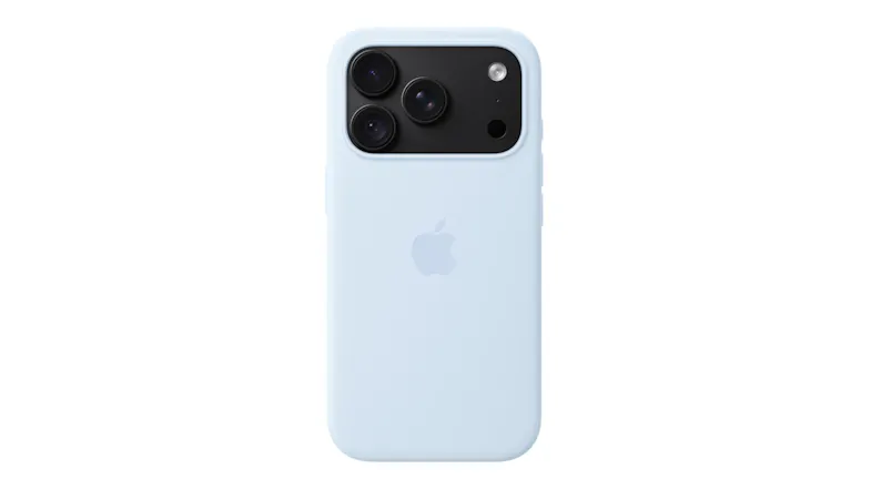 Rear view of a Crisp Blue iPhone case with a matte finish and a raised camera surround, shown on a black smartphone Rear view of a Crisp Blue iPhone case with a matte finish and a raised camera surround, shown on a black smartphone