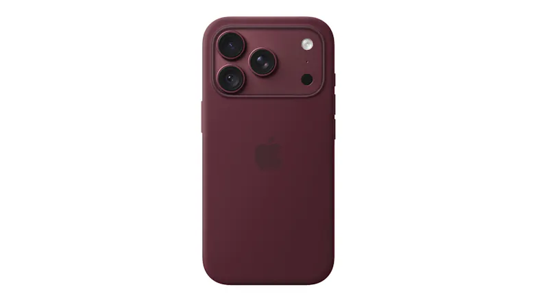 Rear view of a burgundy Apple Silicone Case with MagSafe for iPhone 18 Pro with a full camera surround and matte finish, fitted on a smartphone Rear view of a burgundy Apple Silicone Case with MagSafe for iPhone 18 Pro with a full camera surround and matte finish, fitted on a smartphone