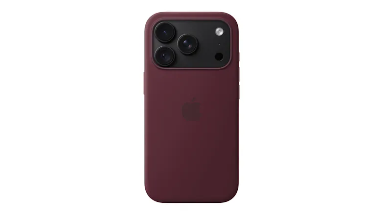 Rear view of a burgundy iPhone case with a matte finish and raised camera surround on a black smartphone Rear view of a burgundy iPhone case with a matte finish and raised camera surround on a black smartphone