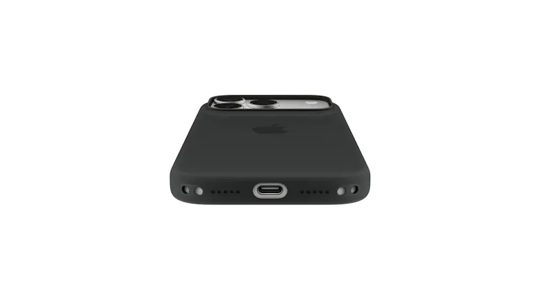 Bottom view of a burgundy iPhone case showing a USB-C port cutout, speaker openings, and raised edges Bottom view of a burgundy iPhone case showing a USB-C port cutout, speaker openings, and raised edges