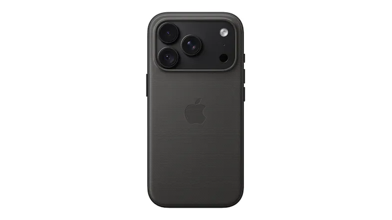 Rear view of a black textured Apple TechWoven Case with MagSafe for iPhone 18 Pro with an oversized triple-camera cutout and slim button covers Rear view of a black textured Apple TechWoven Case with MagSafe for iPhone 18 Pro with an oversized triple-camera cutout and slim button covers