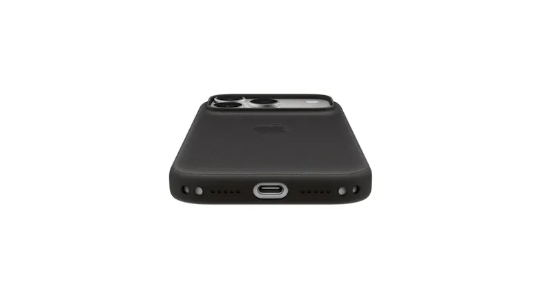 Bottom view of a black textured iPhone case with a USB-C port cutout and speaker openings Bottom view of a black textured iPhone case with a USB-C port cutout and speaker openings