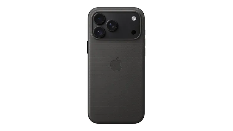 Rear view of a black Apple case with a textured finish, fitted on a black triple-camera phone Rear view of a black Apple case with a textured finish, fitted on a black triple-camera phone