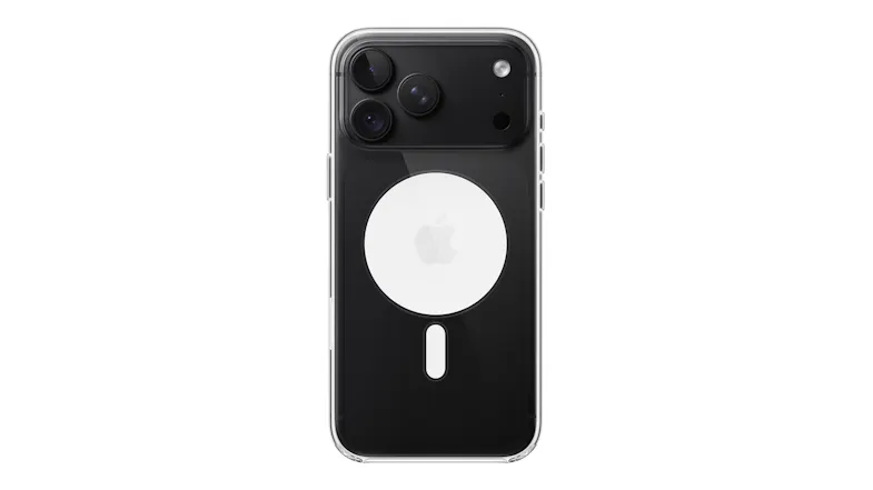 Rear view of a clear MagSafe-compatible case on a black phone with a transparent finish and magnetic ring Rear view of a clear MagSafe-compatible case on a black phone with a transparent finish and magnetic ring