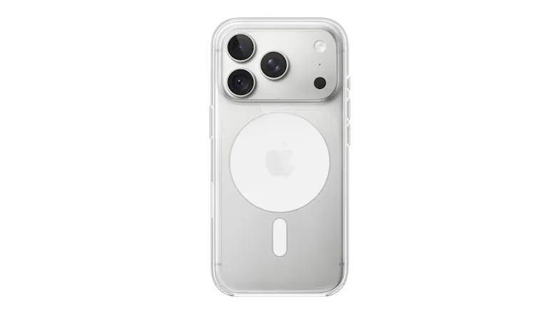 Rear view of a clear Apple Case with MagSafe for iPhone 18 Pro, featuring a transparent finish, camera cutout, and magnetic charging ring Rear view of a clear Apple Case with MagSafe for iPhone 18 Pro, featuring a transparent finish, camera cutout, and magnetic charging ring