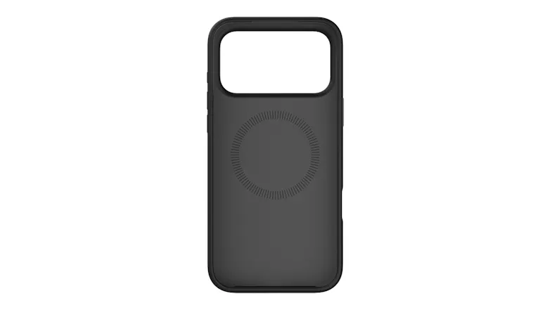 Rear interior view of a black MagSafe-compatible phone case with a magnetic ring design and raised edges Rear interior view of a black MagSafe-compatible phone case with a magnetic ring design and raised edges