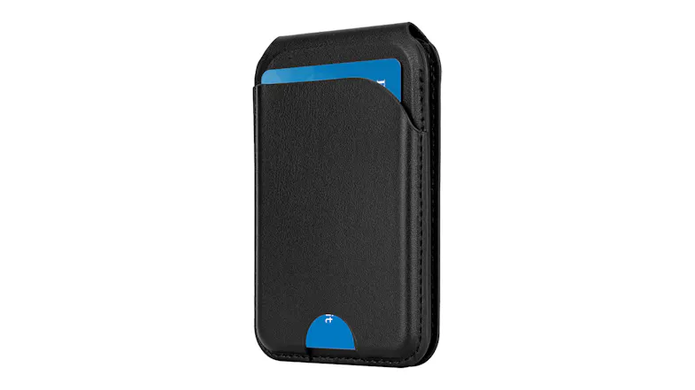 Front angled view of a black leather card holder wallet with a curved card pocket and visible blue card Front angled view of a black leather card holder wallet with a curved card pocket and visible blue card