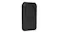 Rear angled view of a black leather magnetic card holder wallet with a stitched finish and circular MagSafe ring Rear angled view of a black leather magnetic card holder wallet with a stitched finish and circular MagSafe ring