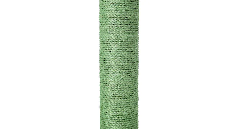 Close-up of the green sisal-wrapped scratching post column with a tightly wound rope texture Close-up of the green sisal-wrapped scratching post column with a tightly wound rope texture