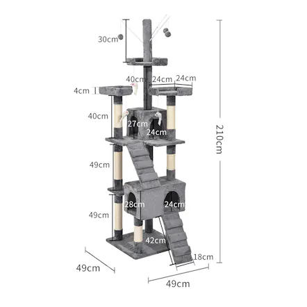Grey 210cm cat tree dimensions diagram with platforms, condos, ramps, and sisal scratching posts Grey 210cm cat tree dimensions diagram with platforms, condos, ramps, and sisal scratching posts