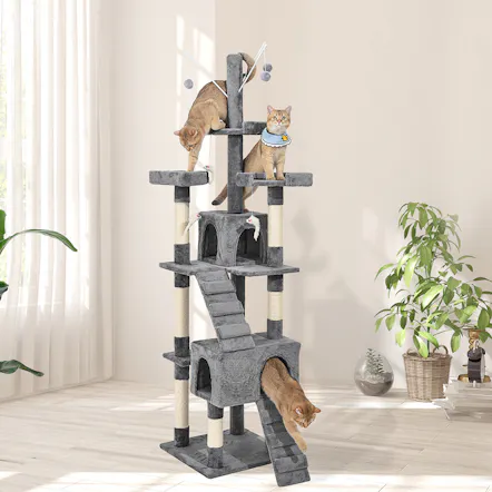 Grey multi-level cat tree with cats on plush platforms, sisal scratching posts, and climbing ramps Grey multi-level cat tree with cats on plush platforms, sisal scratching posts, and climbing ramps