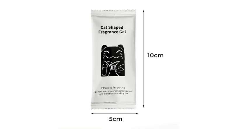Front view of a cat-shaped fragrance gel sachet in a white packet with a black cat graphic, showing dimensions of 10 cm × 5 cm Front view of a cat-shaped fragrance gel sachet in a white packet with a black cat graphic, showing dimensions of 10 cm × 5 cm