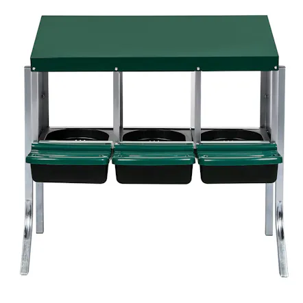Front view of a green PaWz 3-Cubby Poultry Nesting Coop with three covered black nesting trays and galvanised steel legs Front view of a green PaWz 3-Cubby Poultry Nesting Coop with three covered black nesting trays and galvanised steel legs