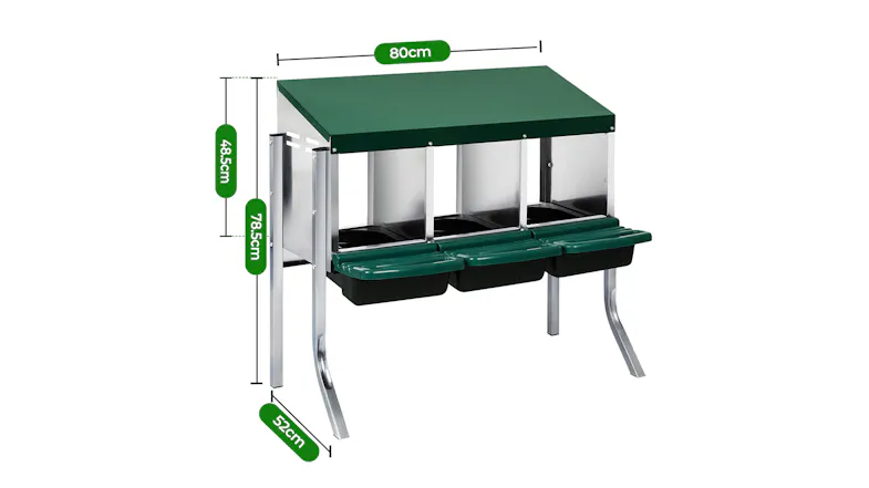 Angled view of a poultry nesting coop with a green roof, three covered nesting trays, and dimensions labelled 80 x 52 x 78.5 cm Angled view of a poultry nesting coop with a green roof, three covered nesting trays, and dimensions labelled 80 x 52 x 78.5 cm