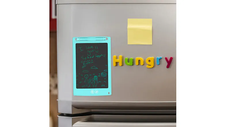 MyFirst Sketch II magnetically mounted on stainless steel refrigerator door with notes and drawings MyFirst Sketch II magnetically mounted on stainless steel refrigerator door with notes and drawings