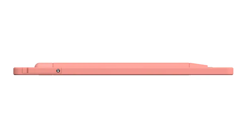 Direct side view highlighting lightweight, thin frame of pink 8.5 inch drawing tablet Direct side view highlighting lightweight, thin frame of pink 8.5 inch drawing tablet