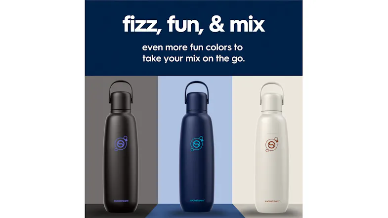 Front view of SodaStream Fizz & Go stainless steel bottles in black, navy, and sand with carry loop lids Front view of SodaStream Fizz & Go stainless steel bottles in black, navy, and sand with carry loop lids