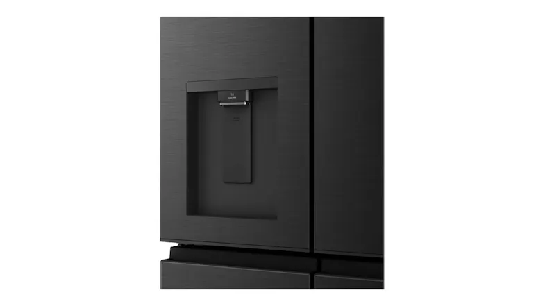 Close-up front view of the Haier 500 Series refrigerator with an integrated water dispenser and brushed finish Close-up front view of the Haier 500 Series refrigerator with an integrated water dispenser and brushed finish
