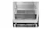 Interior view of a refrigerator compartment with glass shelves, dual crisper drawers, and a metal back panel Interior view of a refrigerator compartment with glass shelves, dual crisper drawers, and a metal back panel