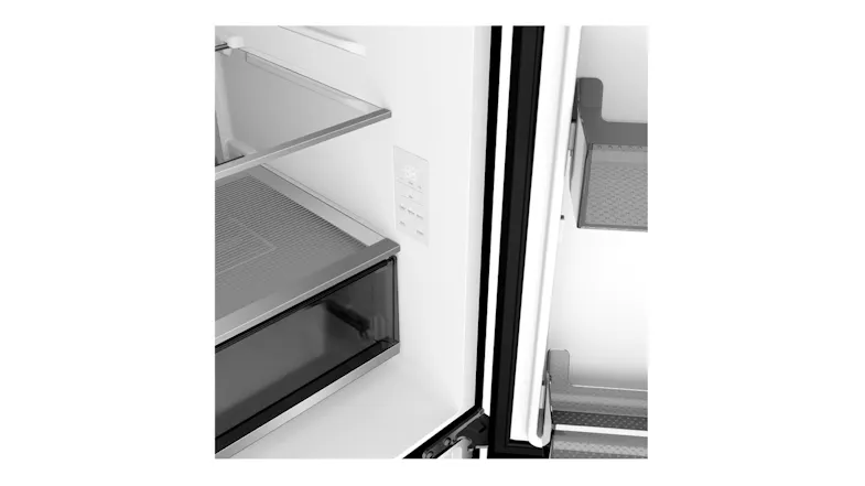 Close-up interior view of a refrigerator with a touch control panel, glass shelf, and door storage bins Close-up interior view of a refrigerator with a touch control panel, glass shelf, and door storage bins