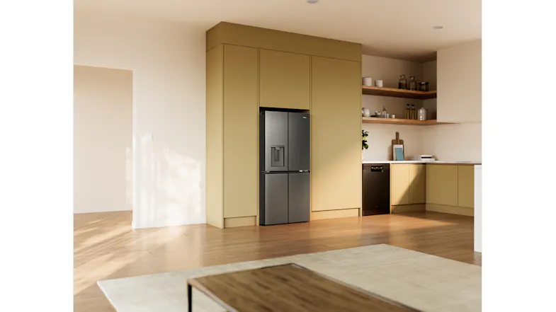 Black Haier 500 Series four-door refrigerator integrated into a modern kitchen, featuring a brushed finish and water dispenser Black Haier 500 Series four-door refrigerator integrated into a modern kitchen, featuring a brushed finish and water dispenser