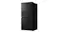 Front-angled view of a black French door refrigerator with a brushed metal finish and integrated water dispenser Front-angled view of a black French door refrigerator with a brushed metal finish and integrated water dispenser