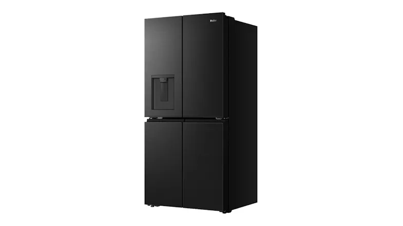 Front-angled view of a black French door refrigerator with a brushed metal finish and integrated water dispenser Front-angled view of a black French door refrigerator with a brushed metal finish and integrated water dispenser