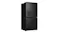 Front-angled view of a black four-door refrigerator with a brushed finish, water dispenser, and visible side panel Front-angled view of a black four-door refrigerator with a brushed finish, water dispenser, and visible side panel