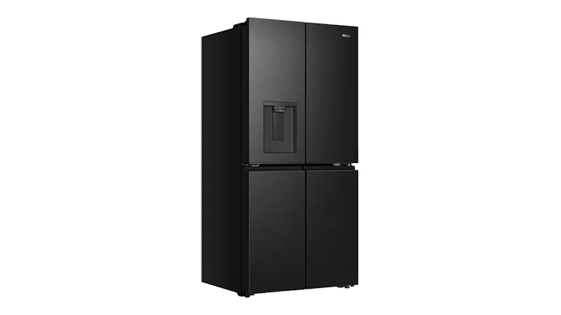 Front-angled view of a black four-door refrigerator with a brushed finish, water dispenser, and visible side panel Front-angled view of a black four-door refrigerator with a brushed finish, water dispenser, and visible side panel