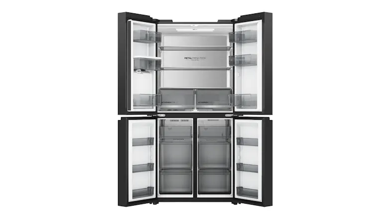 Front view of a black French door refrigerator with all doors open, showing shelves, door bins, and freezer compartments Front view of a black French door refrigerator with all doors open, showing shelves, door bins, and freezer compartments
