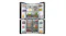 Front view of a black Haier four-door refrigerator fully stocked with food, featuring open doors and transparent storage drawers Front view of a black Haier four-door refrigerator fully stocked with food, featuring open doors and transparent storage drawers