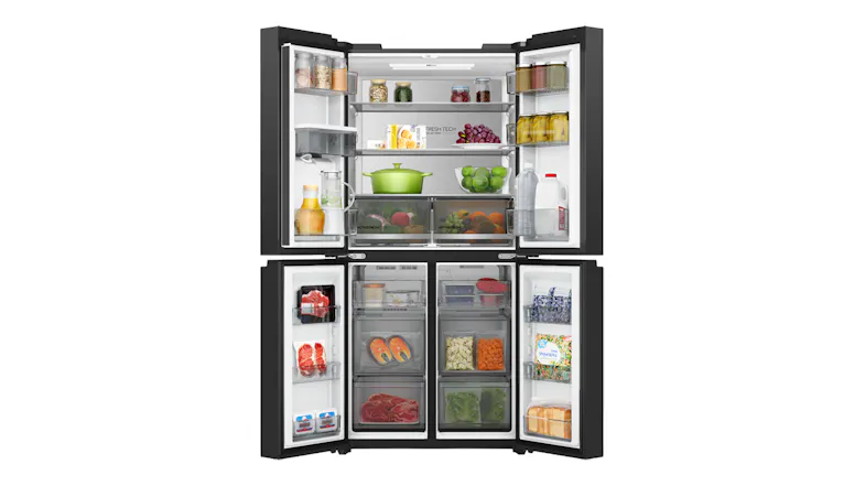 Front view of a black Haier four-door refrigerator fully stocked with food, featuring open doors and transparent storage drawers Front view of a black Haier four-door refrigerator fully stocked with food, featuring open doors and transparent storage drawers