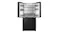 Front view of a black French door refrigerator with upper doors open, revealing refrigerator shelves and crisper drawers Front view of a black French door refrigerator with upper doors open, revealing refrigerator shelves and crisper drawers