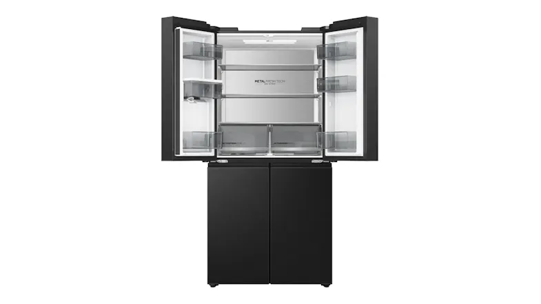 Front view of a black French door refrigerator with upper doors open, revealing refrigerator shelves and crisper drawers Front view of a black French door refrigerator with upper doors open, revealing refrigerator shelves and crisper drawers