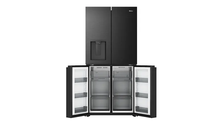 Front view of a black French door refrigerator with lower freezer doors open, showing clear storage compartments Front view of a black French door refrigerator with lower freezer doors open, showing clear storage compartments